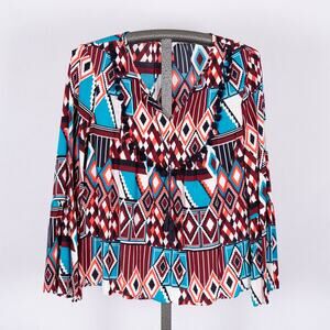 Crown Ivy Women's Large Top Southwest Western Aztec w/ Tassles & Pom-Pom Fringe